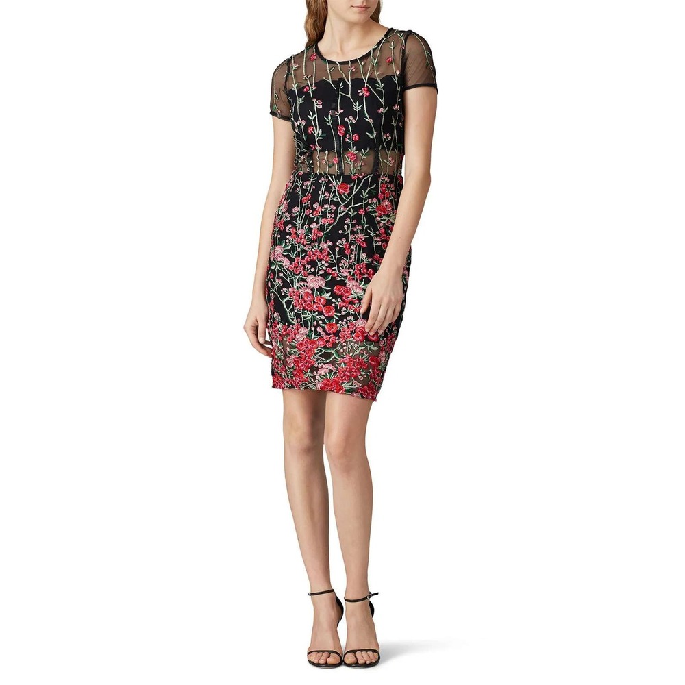 Vone Floral Embroidered Mesh Sheath Dress Black Pink Short Sleeve Sz 2